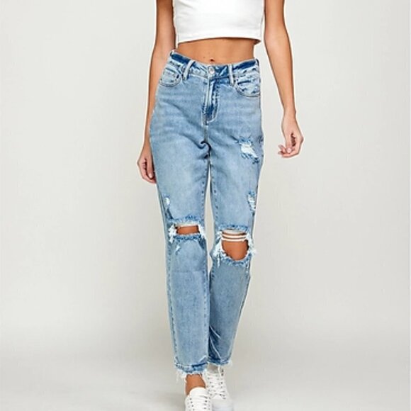 Mid Rise Light Wash Ripped Distressed Boyfriend Denim Jeans - Picture 1 of 8